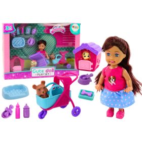   Doll With Dogs Dog Doll Kennel Kiegészítők Pink Puppy 16 db.