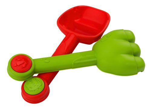 Homokvödör készlet zuhanyzóval, spatulával, gereblyével, formákkal, dinoszauruszokkal