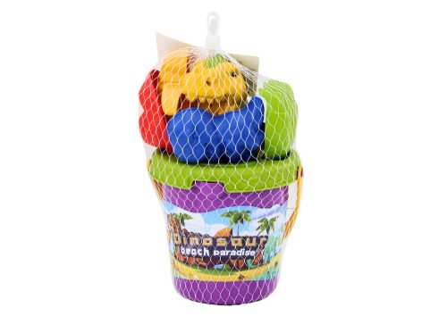 Homokkészlet, vödör, spatula, gereblye, formák, dinoszauruszok