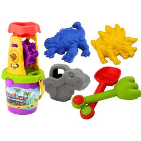   Dinoszaurusz homokkészlet, daráló, tölcsér, spatula, gereblye, öntözőkanna, öntőformák