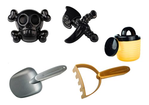 Kalóz homokkészlet, vödör, öntözőkanna, szűrő, 6 darabos készlet.