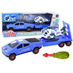   Modern autószett helikopterrel és vontatóval, szétszereléshez, barkácsoláshoz, kék