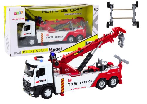 Teherautó daruval két fém horog piros és fehér fények hangzik