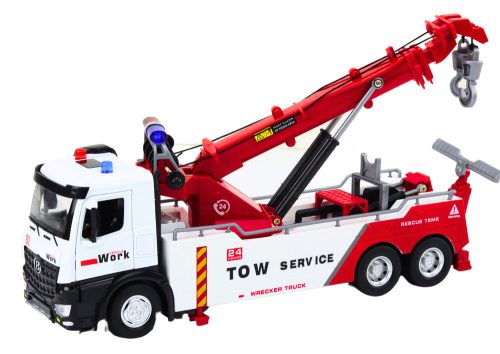 Teherautó daruval két fém horog piros és fehér fények hangzik