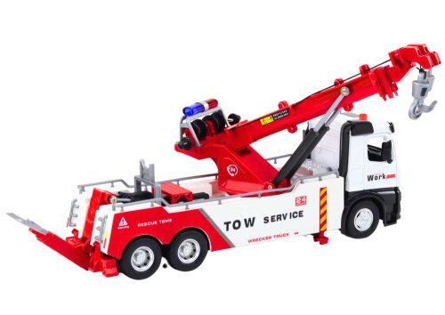 Teherautó daruval, két fémhoroggal, piros és fehér fények hangjai