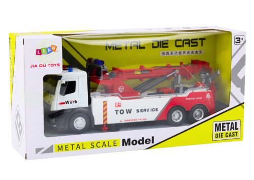 Teherautó daruval két fém horog piros és fehér fények hangzik