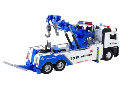 Teherautó daruval két fém horog fehér és kék fények hangzik