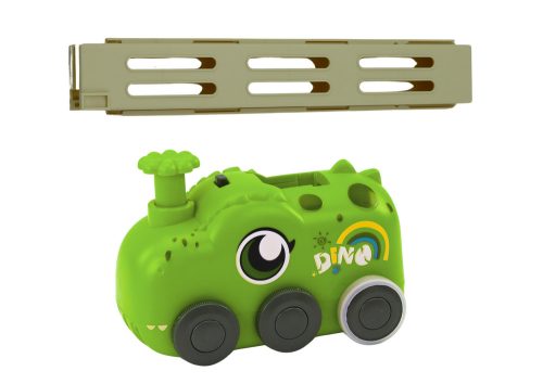 Akkumulátorral működő zöld dinoszaurusz autó színes dominókkal, 4 színű blokkokkal