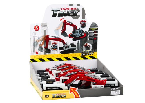 Lánctalpas kotró fehér és piros fém vödör