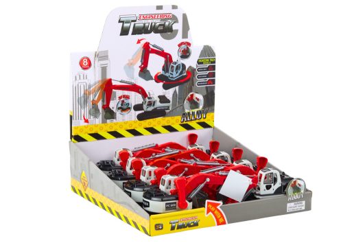 Lánctalpas kotrógép fehér és piros fém vödör