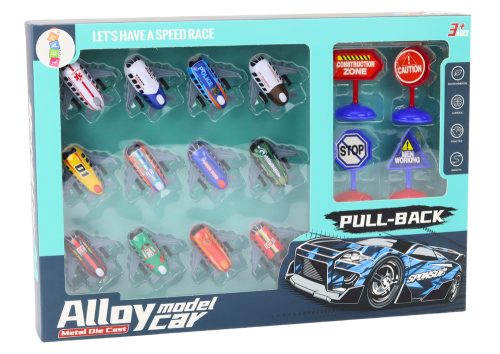 12 db játékautó készlet, motoros repülőgépek, 5 cm-es útjelző táblák