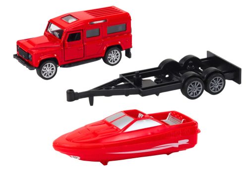 Terepjáró utánfutóval és motorcsónakkal, piros fém