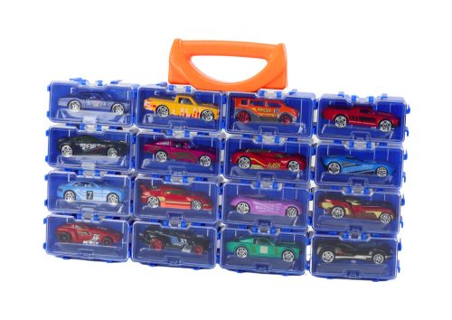 Rugós autókészlet fém bőröndben, 16 db