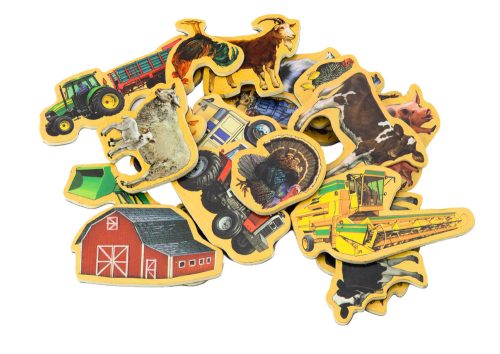 Fa mágnes készlet, háziállatok, mezőgazdasági gépek, 20 db