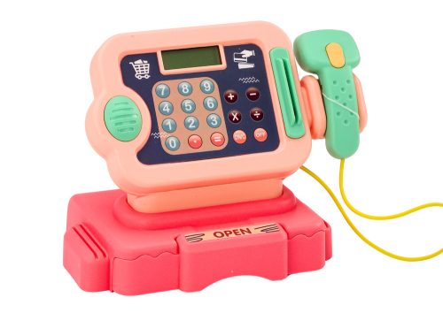 Pénztárgép, amely megtanulja az érmék számolását, bevásárlókocsi fényei rózsaszínűek