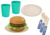Edénykészlet, tányérok, csészék, kancsó, Hamburger, evőeszközök, 11 db