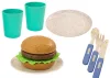 Edénykészlet, tányérok, csészék, kancsó, Hamburger, evőeszközök, 11 db
