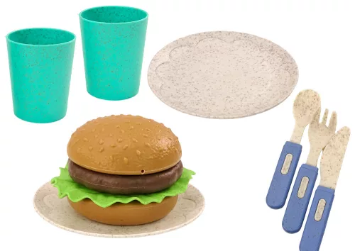 Edénykészlet, tányérok, csészék, kancsó, Hamburger, evőeszközök, 11 db