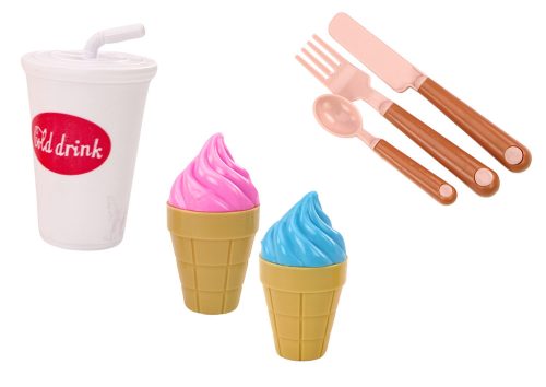 Élelmiszertermékek beállítása Pizza sült krumpli fagylalt evőeszközök