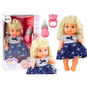   Interaktív sötétkék ruhás csecsemő baba kiegészítőkkel, 28 cm