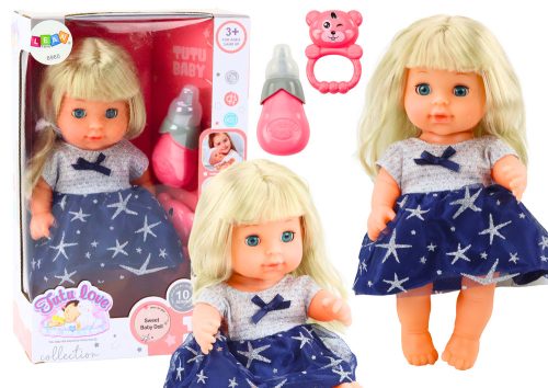 Interaktív sötétkék ruhás csecsemő baba kiegészítőkkel, 28 cm