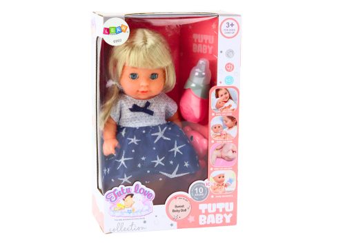 Interaktív sötétkék ruhás csecsemő baba kiegészítőkkel, 28 cm