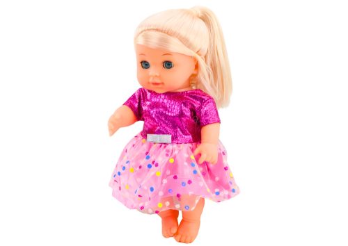 Interaktív rózsaszín ruhás csecsemő baba kiegészítőkkel, 28cm