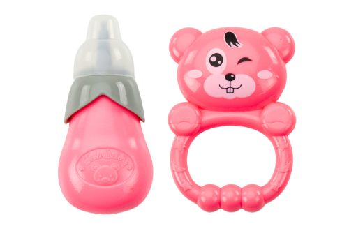 Interaktív rózsaszín ruhás csecsemő baba kiegészítőkkel, 28cm