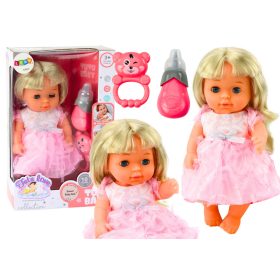   Interaktív világos rózsaszín ruhás csecsemő baba kiegészítőkkel, 28cm