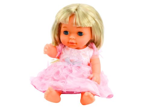 Interaktív világos rózsaszín ruhás csecsemő baba kiegészítőkkel, 28cm