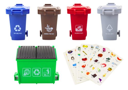 Többfunkciós zöld fém szemeteskocsi súrlódó meghajtással és színes kosarakkal