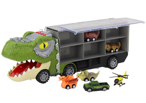 Dinoszaurusz teherautó szállító rugók 6db fények zöld hangok