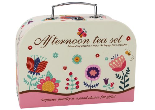 Teáskészlet bőröndben, csészék, tányérok, tortatartó