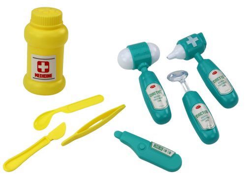 Türkiz színű, húzózsinóros orvosi szett erszényben