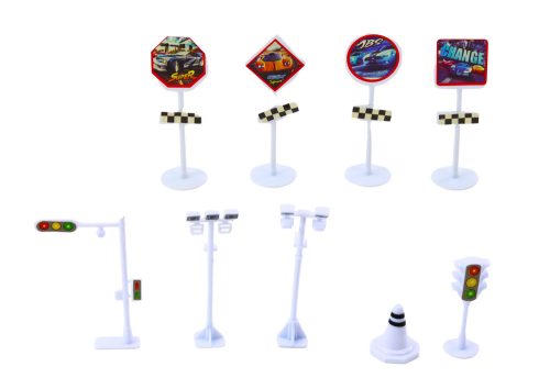 25 db-os rugókészlet bőröndben. Közlekedési táblák, autók