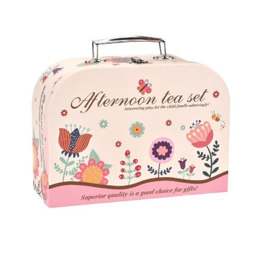 Teáskészlet bőröndben, csészék, tányérok, sütemények, fánkok