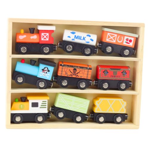 Fa vonatok, kocsik, mágneses rendszerező készlet, 9 db