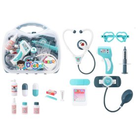   Kis orvos orvosi készlet bőröndben fények kéken szólnak