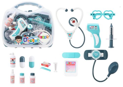 Kis orvos orvosi készlet bőröndben fények kéken szólnak