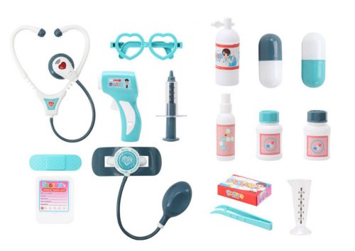 Kis orvos orvosi készlet bőröndben fények kéken szólnak