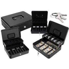 Pénztár bankjegyek, érmék, kulcsok, fém, fekete