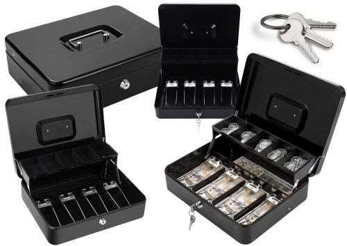 Pénztár bankjegyek, érmék, kulcsok, fém, fekete