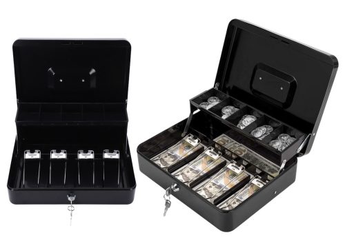 Pénztár bankjegyek, érmék, kulcsok, fém, fekete