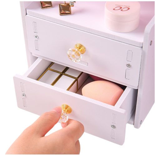 Mini fésülködőasztal sminktükör két fiókos fülek fa fehér