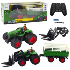   RC távirányítós mezőgazdasági traktor pótkocsival és villákkal dupla kerekekkel