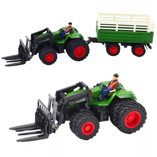 RC távirányítós mezőgazdasági traktor pótkocsival és villákkal dupla kerekekkel