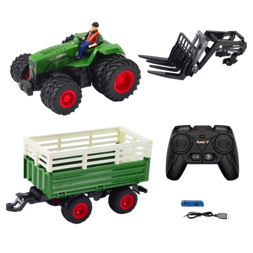 RC távirányítós mezőgazdasági traktor pótkocsival és villákkal dupla kerekekkel