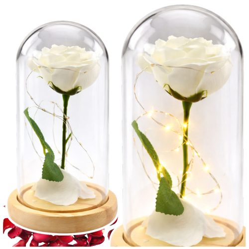 Örök Rózsa Üvegkupolában LED Világítás Fehér 21x11cm