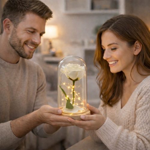 Örök Rózsa Üvegkupolában LED Világítás Fehér 21x11cm