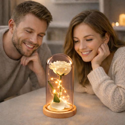 Örök Rózsa Üvegkupolában LED Világítás Fehér 21x11cm